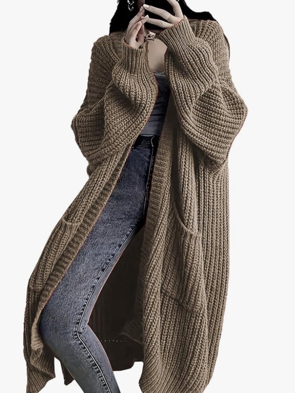 Missguided + Oversized Long Open-Front Cardigan in Taupe